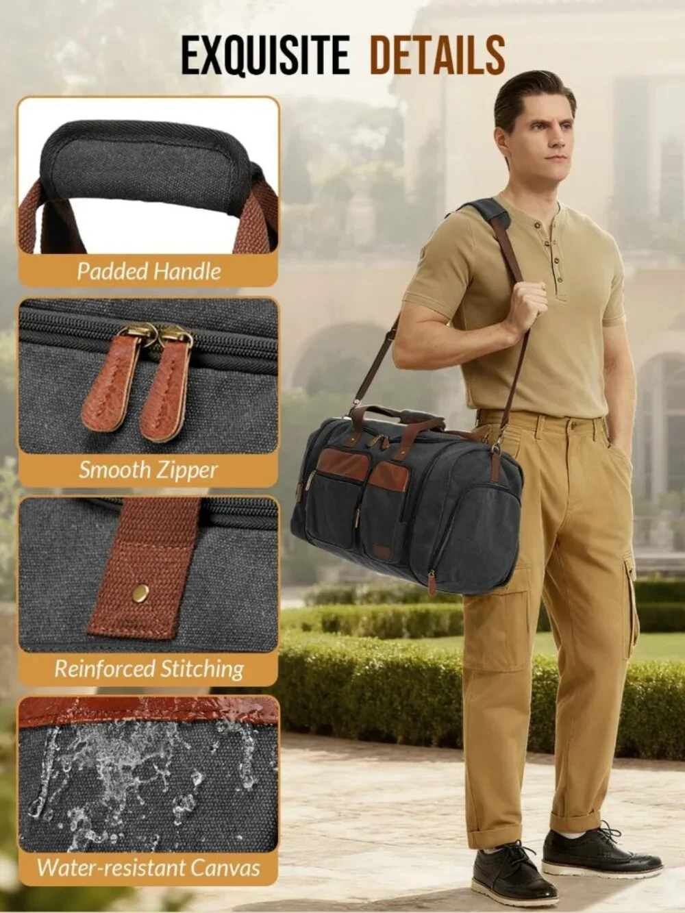 Expandable 50L Canvas Duffle Bag for Travel, Gym, Weekend & Overnight - Dark